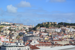 Lisbon’s rooftops from Miradouro de São Pedro de Alcântara with a Castelo de São Jorge sitting on top of the hill, a spot listed in my travel guide to Lisbon. 