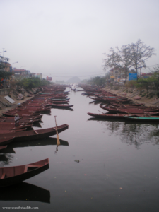 Empty row boats parked along the river at the bottom of the Perfume Pagoda when I traveled to Vietnam. 