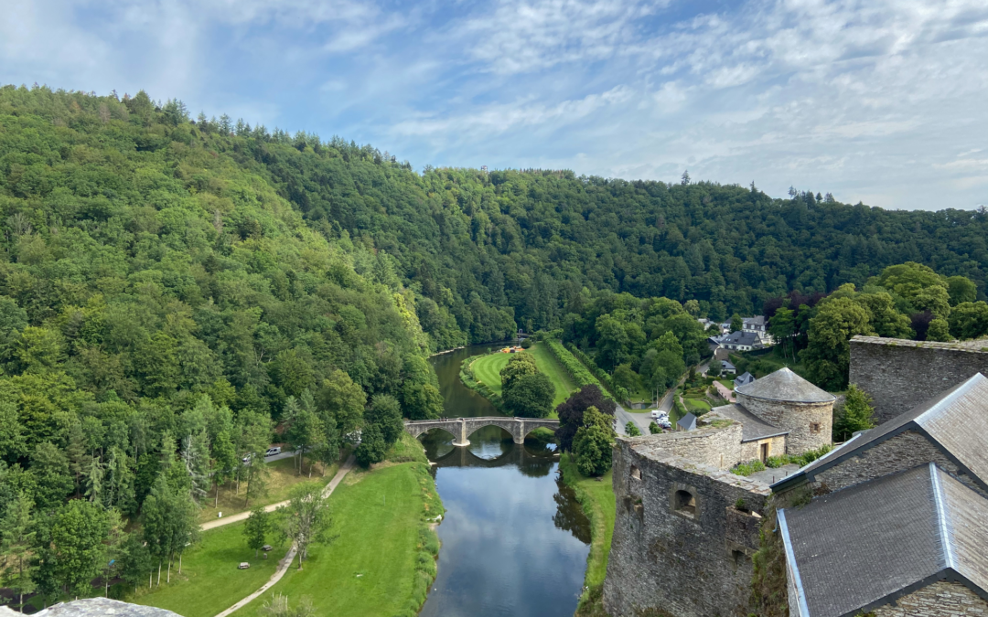 From the top of the historic Bouillon Castle you can see the rolling hills of the Ardennes and the Semois River.