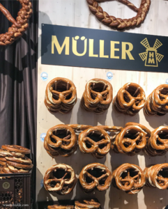 A stall hanging Brezen at Oktoberfest.