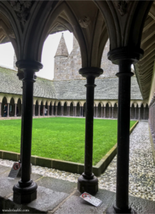 The cloisters in Abbaye du Mont Saint-Michel on a rainy day.