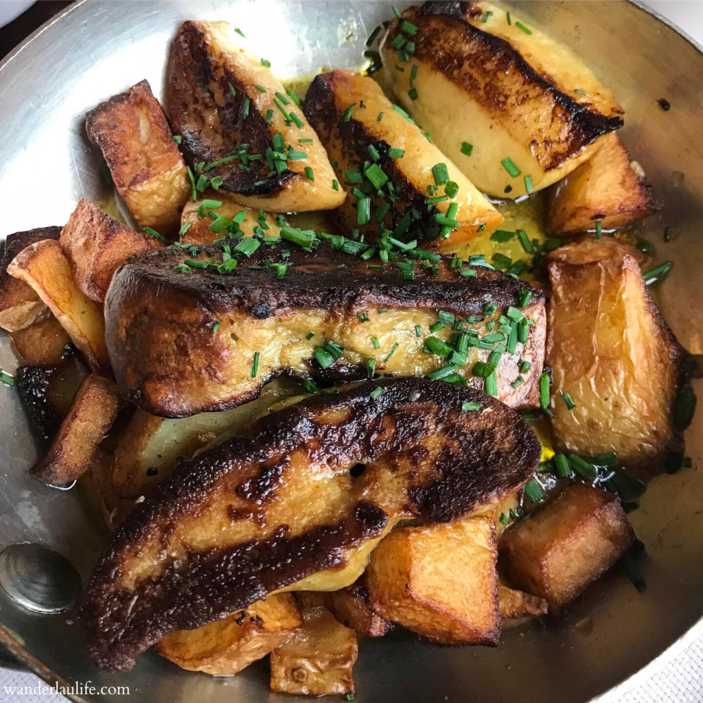 Foie gras, potatoes, and apples at La Mère Poulard.