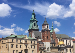 The tops of Wawel Castle in Wawel Hill when visiting Kraków.